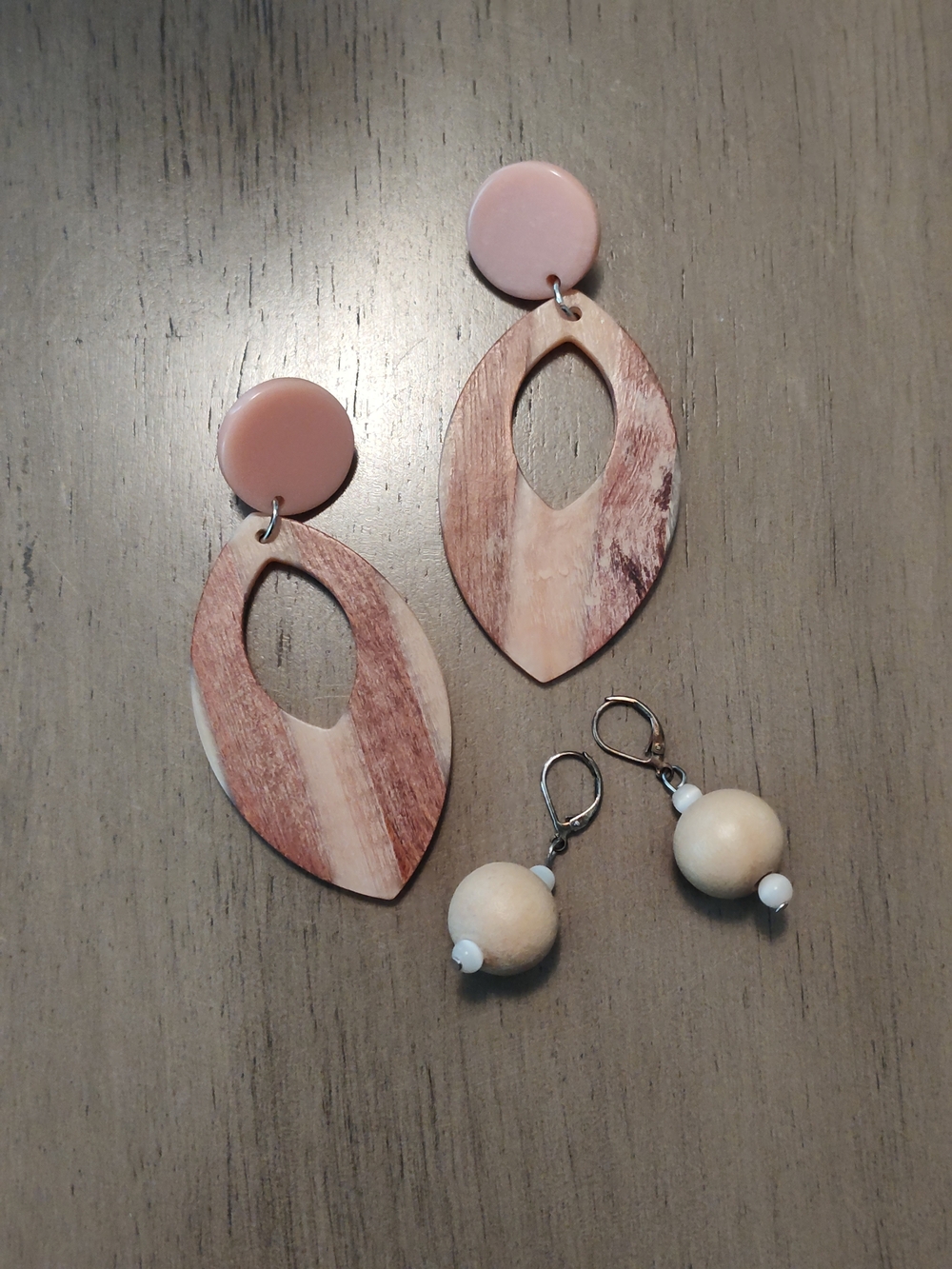 Pink & Wood Oval Drop Earrings